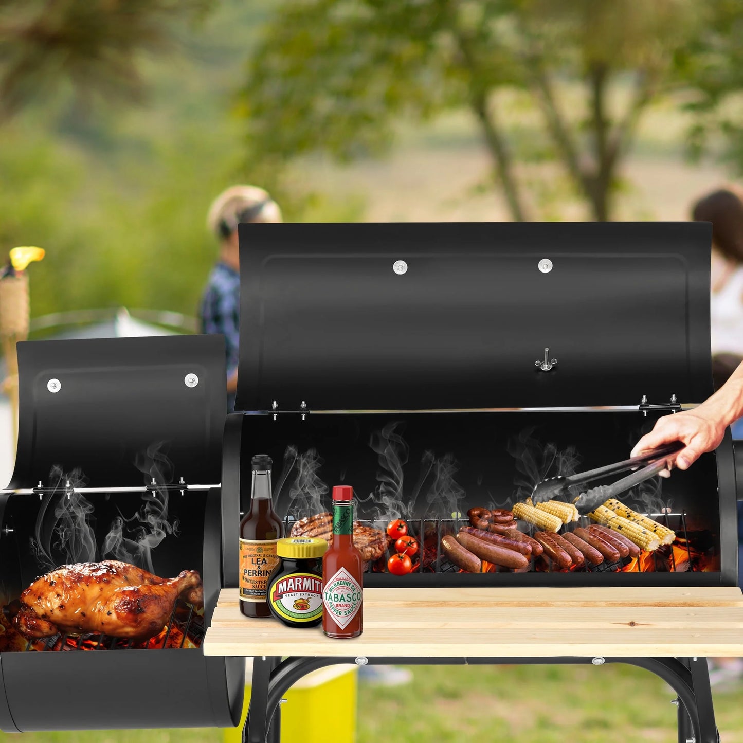 Sesslife 44" Portable Charcoal Grill, with Offset Smoker, Wood Shelf, Thermometer, Wheels, Charcoal BBQ Grill for Outdoor Picnic, Patio, Backyard, Camping, JA1170