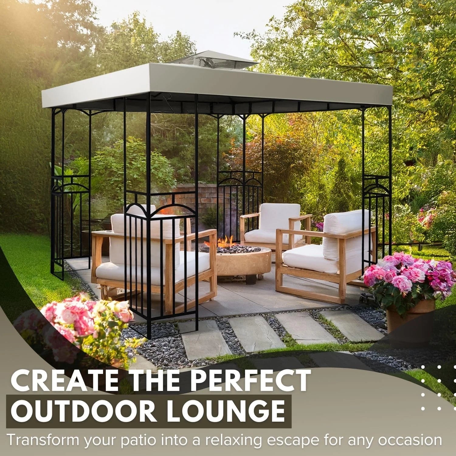 Flexzion Gazebo Cover Replacement Canopy Top 10x10 Ft (3m x 3m) - Double Tier Top Canopy Cover Replacement with UV30+, Dirt, Water Resistant for Outdoor, Sunshade, Garden, Patio, Pavilion (Ivory)