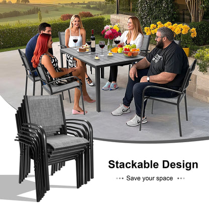 Patio Dining Set of 7, Outdoor Table and Chairs Textilene Design, Patio Furniture with Rectangle Plastic-wood Table, Space-saving Dining Table Set Stackable Design, Gray