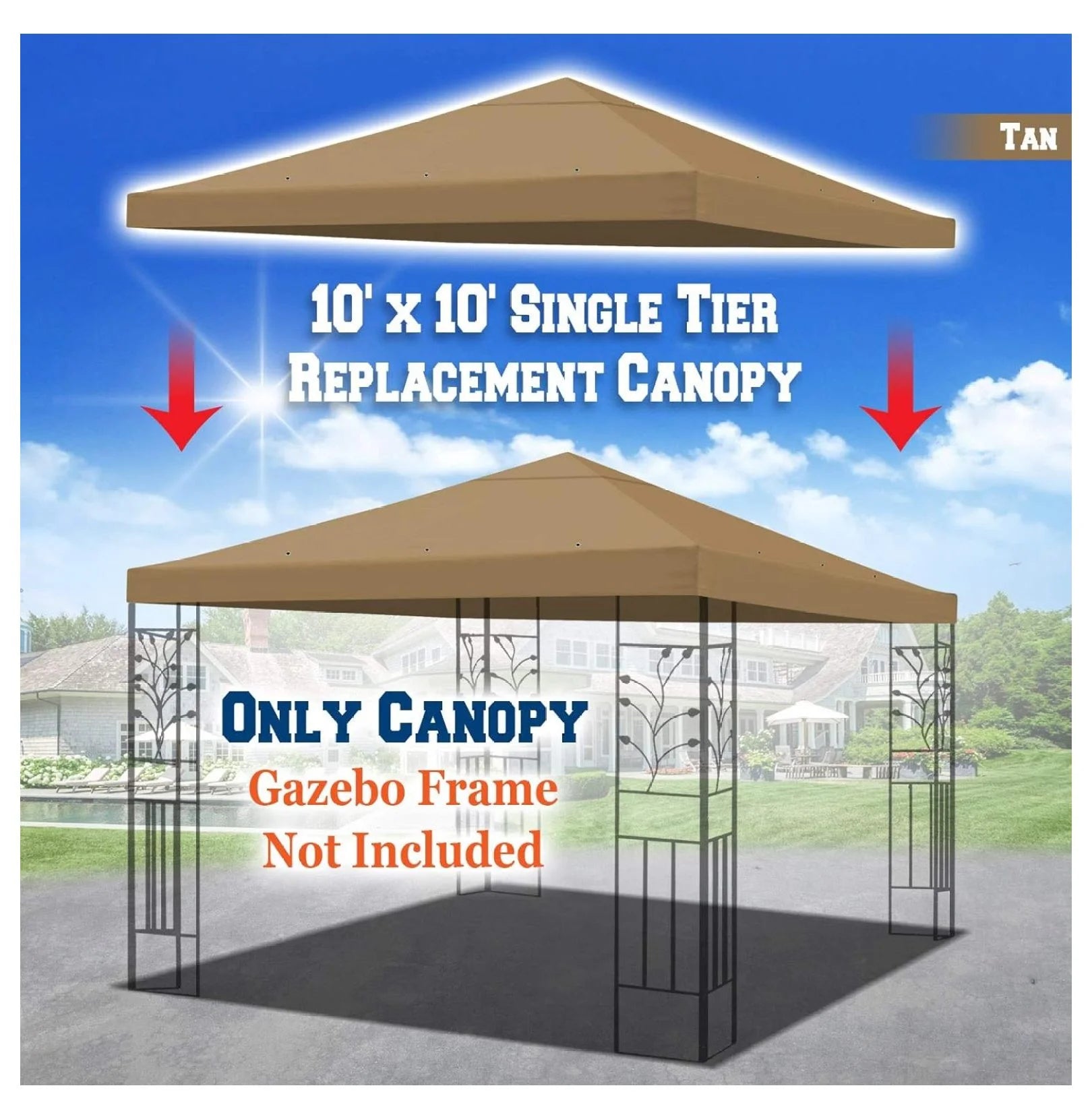 10x10 Gazebo Canopy Replacement Top - Single Tier Patio Cover Sunshade - Polyester Tan