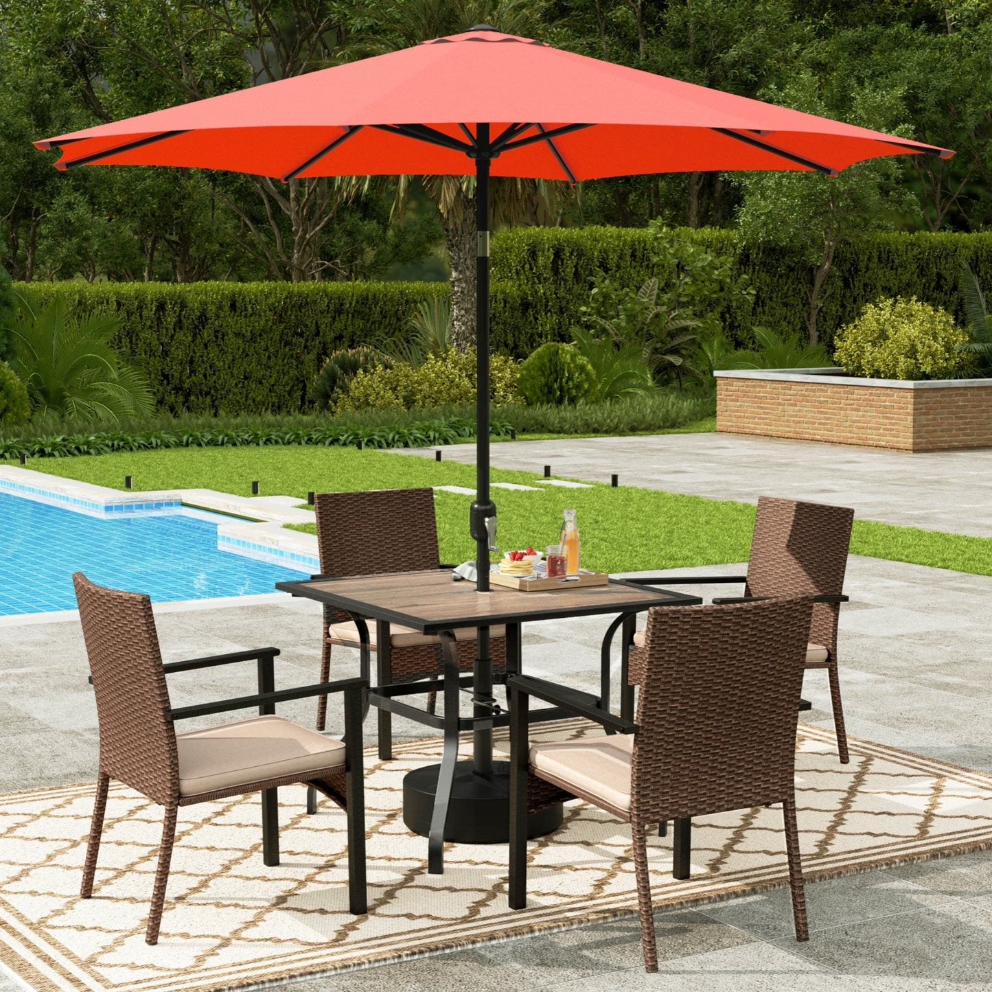 Alpha Joy 8-Piece Outdoor Patio Dining Set with 13 ft Umbrella, Rattan Chairs & Rectangle Table Set for 6, Beige Umbrella