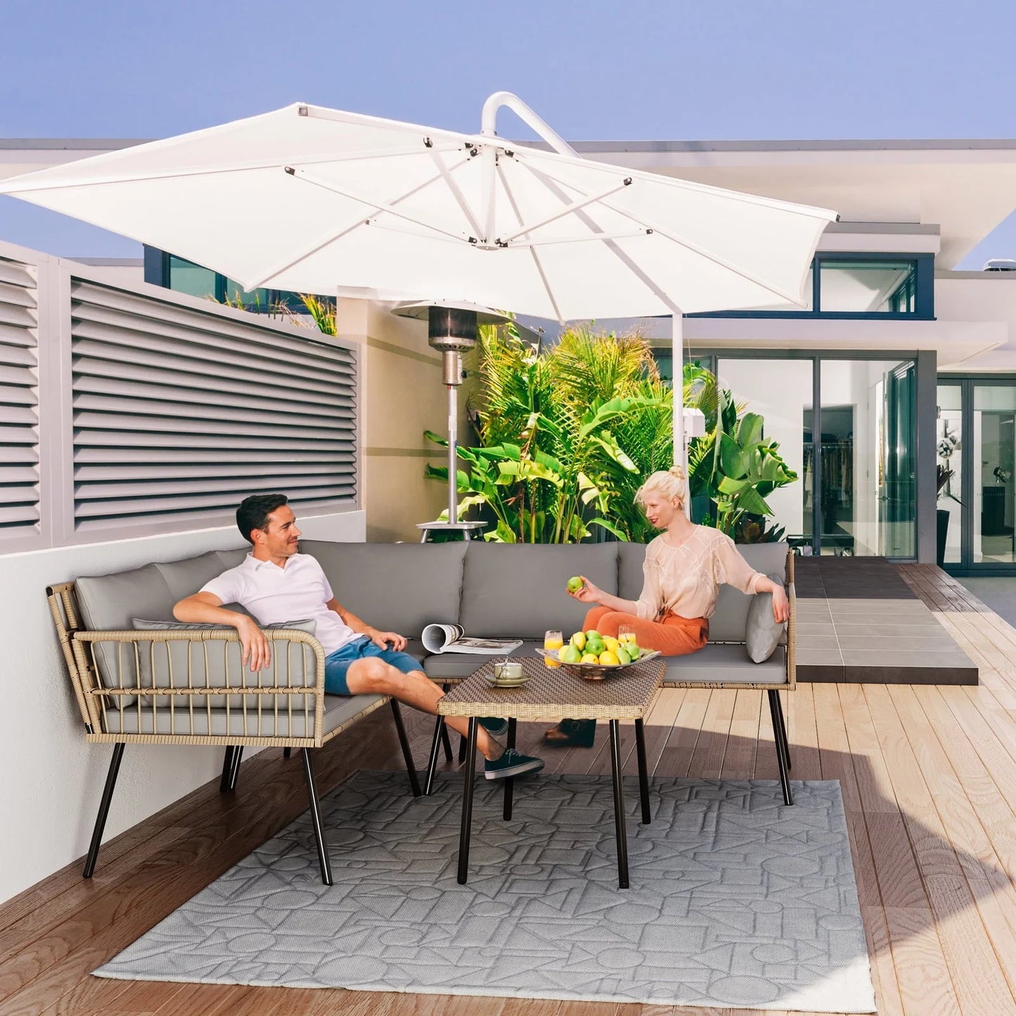 DWVO 5 PCS Patio Furniture Set, Outdoor Wicker Conversation Sectional L-Shaped Sofa with 5 Seater for Backyard,