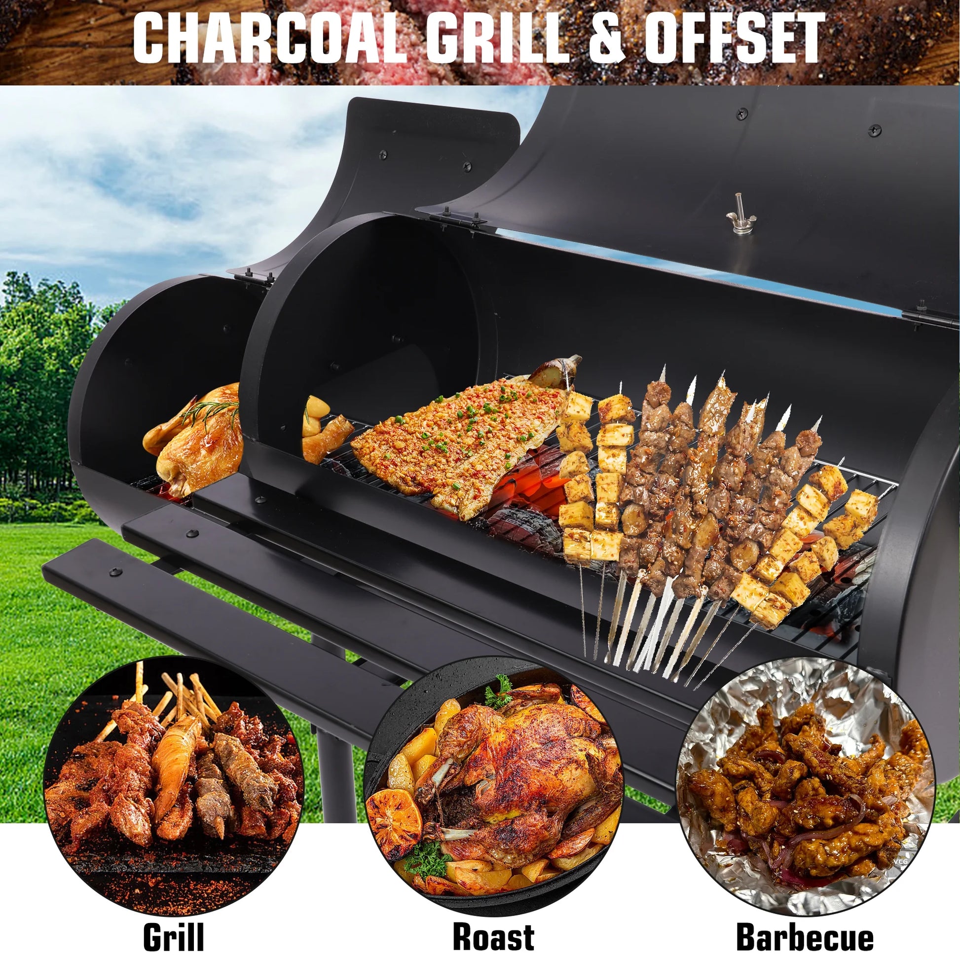 YouLoveIt BBQ Charcoal Grill Portable Barbecue Grill Offset Smoker Barbecue Oven with Wheels for Outdoor Picnic Camping Patio Backyard