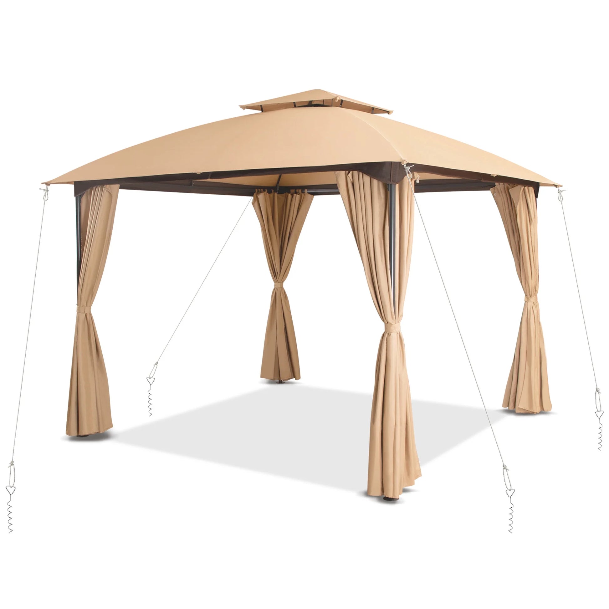 LAUSAINT HOME 10'x10' Patio Gazebo with Privacy Screens & Anchoring Kit, Outdoor Double Roof Metal Frame Gazebo in Khaki