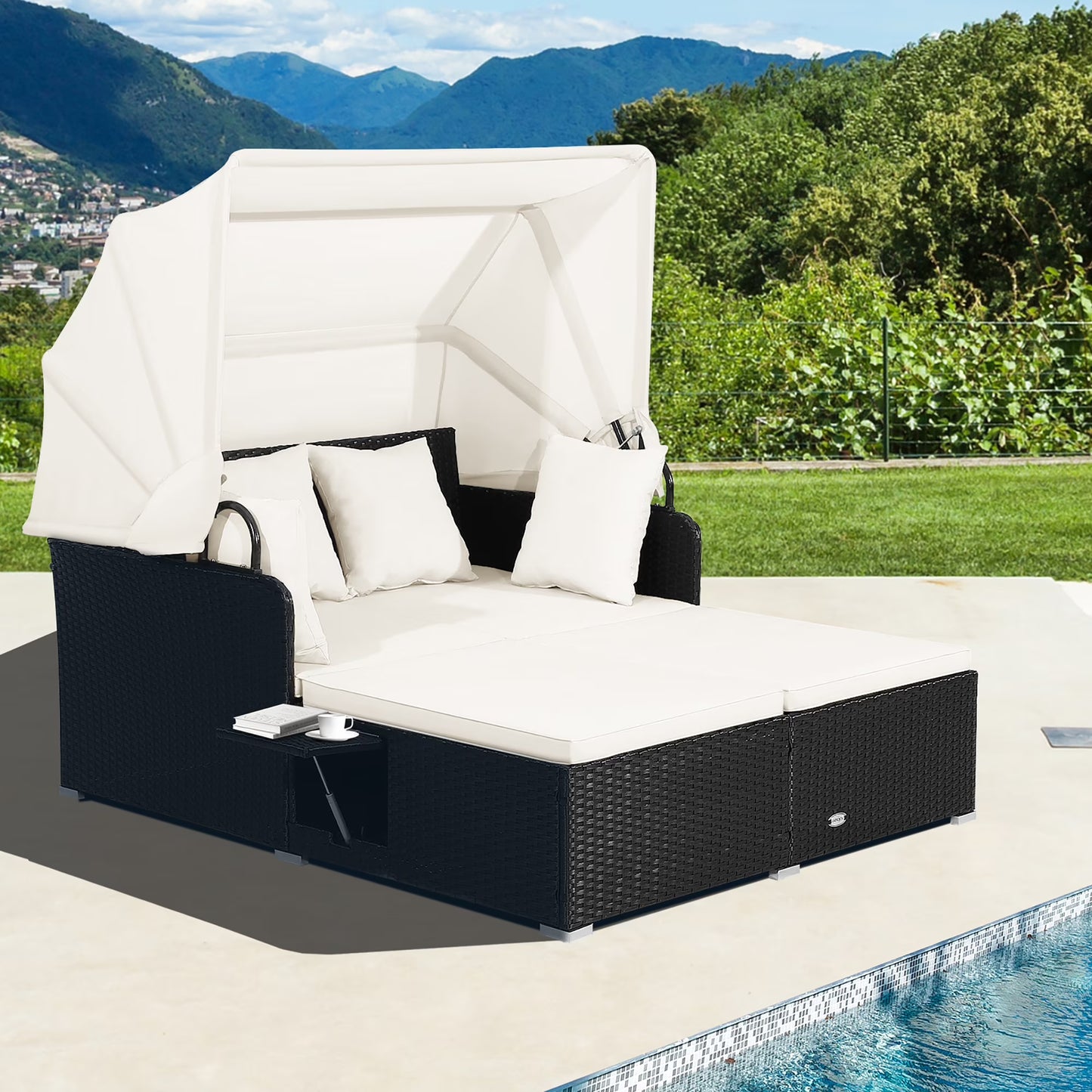 Costway Patio Rattan Daybed Lounge Retractable Top Canopy Side Tables Cushions Red