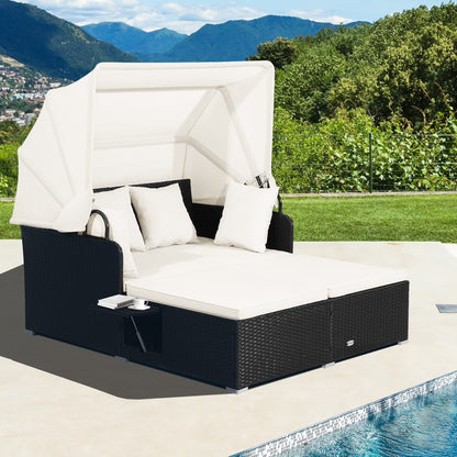 Costway Patio Rattan Daybed Lounge Retractable Top Canopy Side Tables Cushions Red
