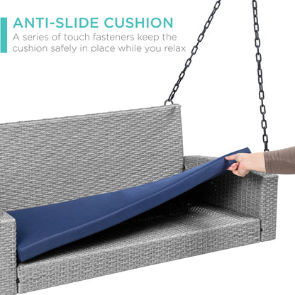 Best Choice Products Woven Wicker Hanging Porch Swing Bench for Patio, Deck w/Mounting Chains, Seat Cushion - Gray/Navy
