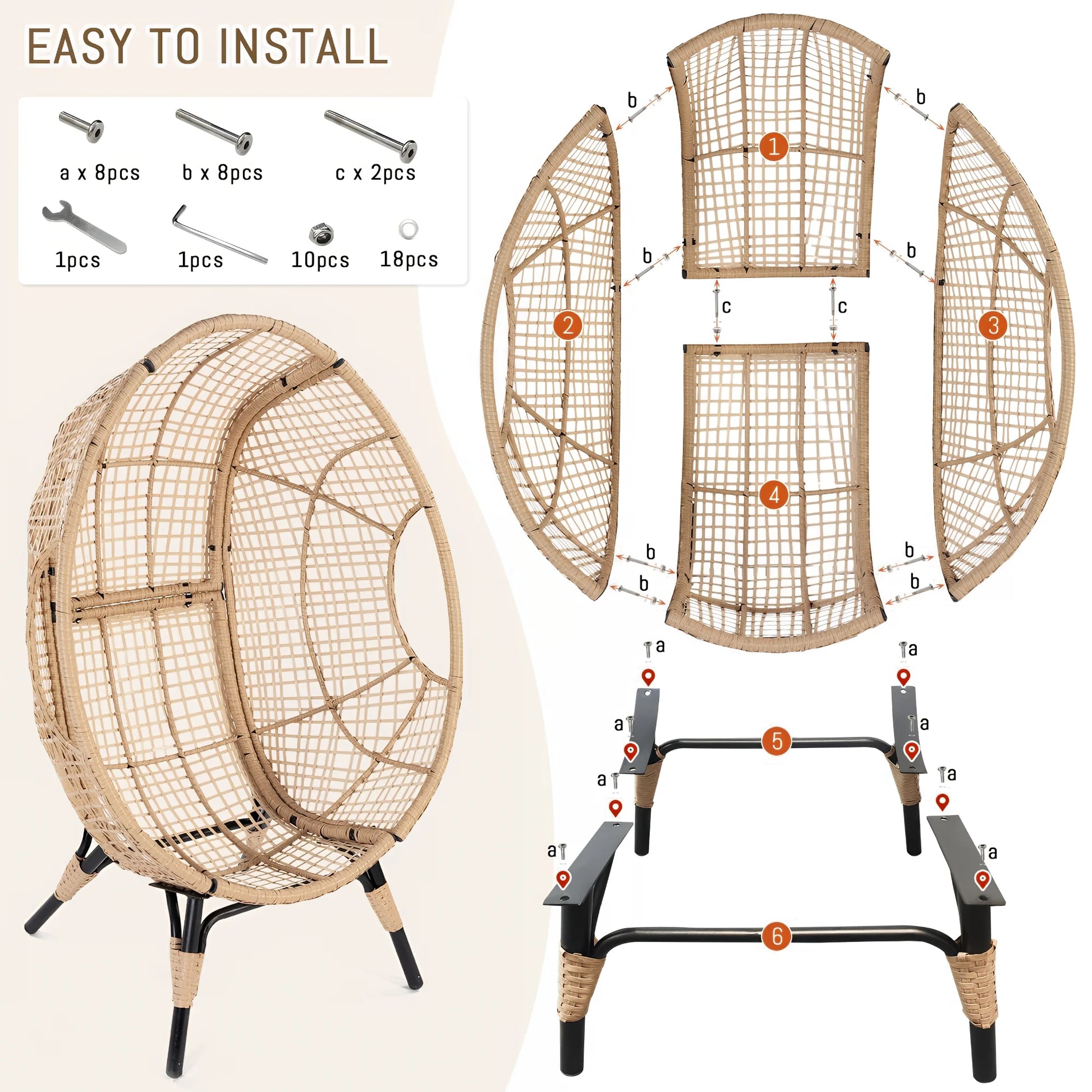 RADIATA 440 lbs Outdoor Egg Chair with Foot Rest & Ottoman, Wicker Patio Egg Chair for Indoor or Garden,Beige