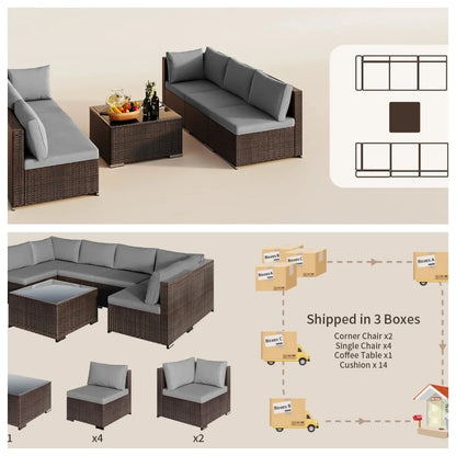 7 Pieces Outdoor Patio Furniture Set, Lofka PE Rattan Sectional Sofa with Tempered Glass Coffee Table & All-Weather Cushions, Patio Conversation Set for Garden, Poolside (Grey)