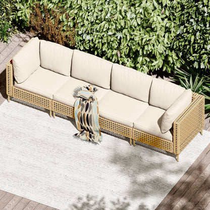 Bifanuo 4-Piece Wicker Outdoor Sectional Sofa, Patio Furniture Set, with Beige Fluffy Cushions (without Coffee Table)