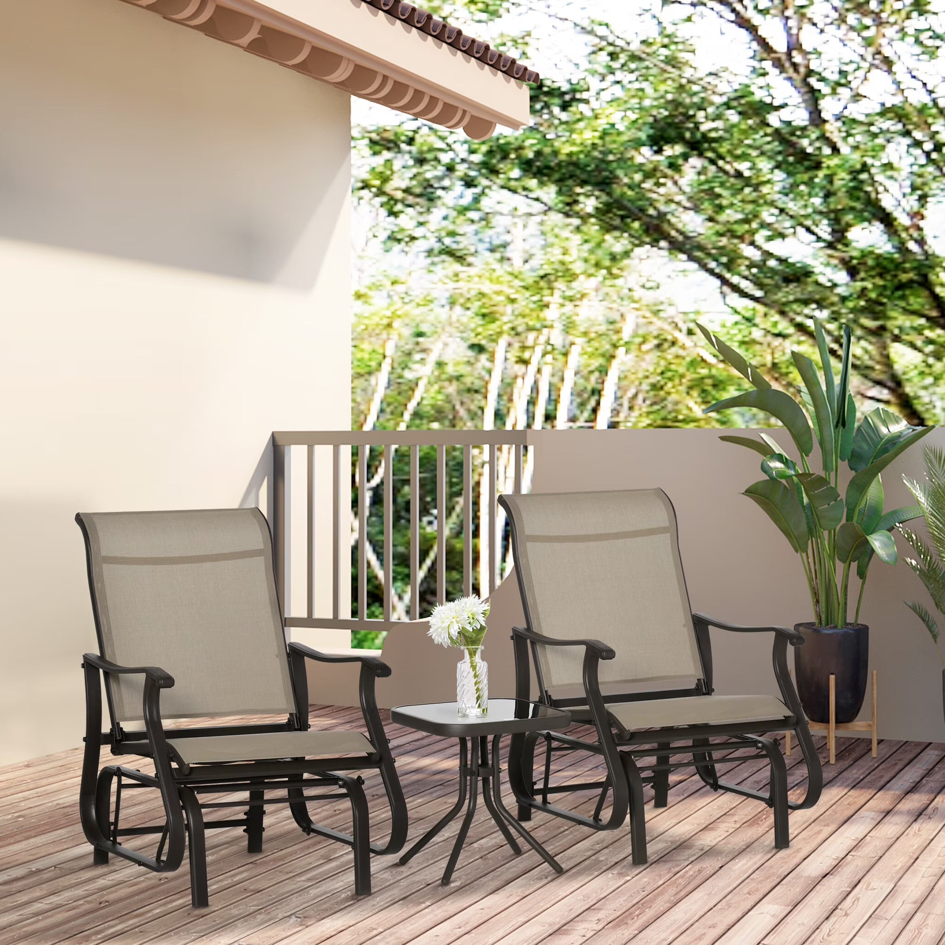 Outsunny 3-Piece Outdoor Gliders Set Bistro Set with Steel Frame, Tempered Glass Top Table for Patio, Garden, Backyard, Lawn, Beige