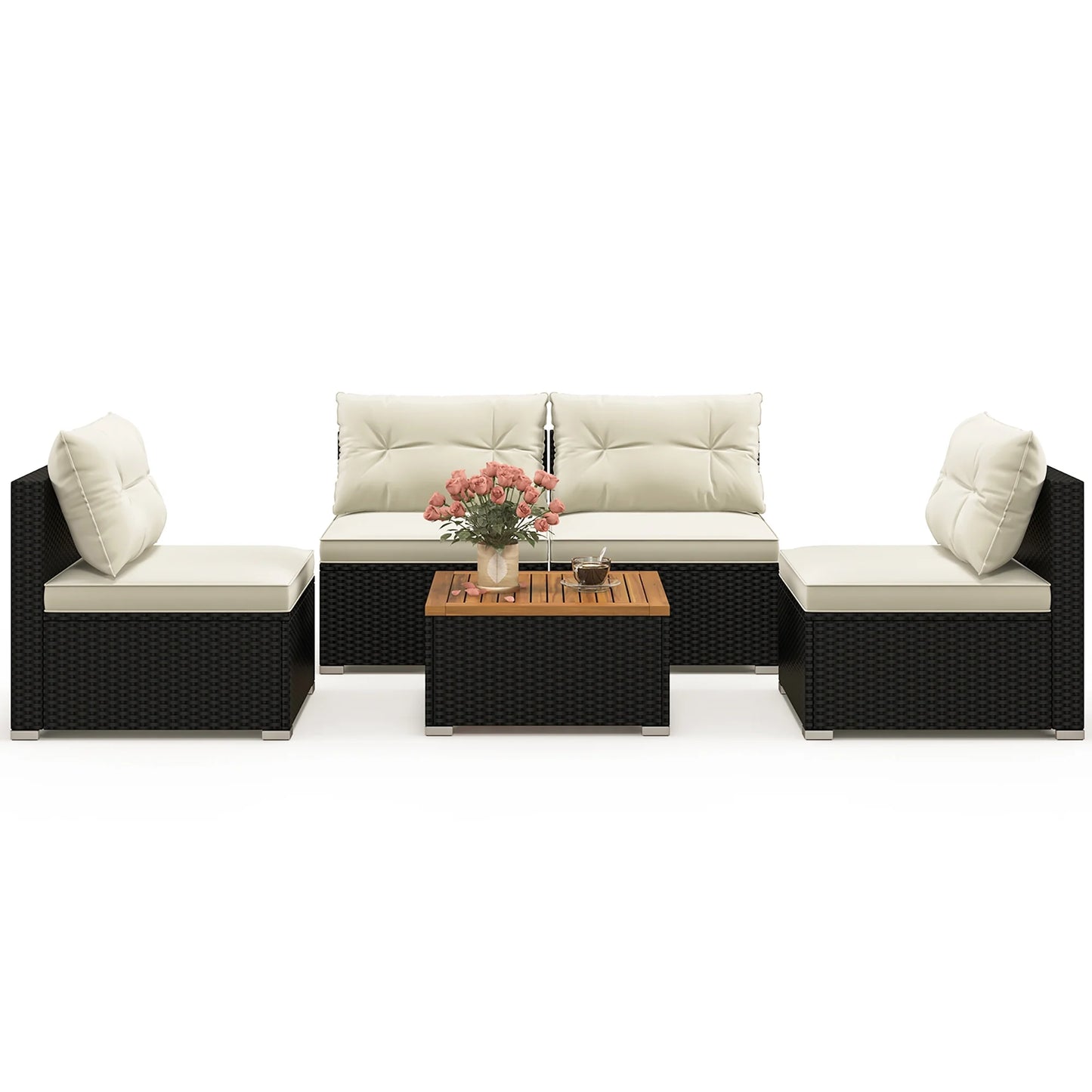 Gymax 5PCS Rattan Patio Conversation Sofa Set Outdoor Furniture Set w/Off White Cushions