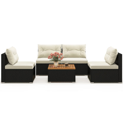 Gymax 5PCS Rattan Patio Conversation Sofa Set Outdoor Furniture Set w/Off White Cushions