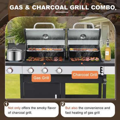 Nice Cooker Gas and Charcoal Combo Grill with Side Burner, 37,230 BTU Outdoor BBQ Grill with Porcelain-Enameled Cast Iron Grates and Plate, Thermometer, Storage Cabinet Rack for Outdoor Patio, Garden