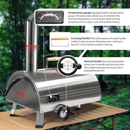 12" Wood Pellet Outdoor Pizza Oven, Portable Stainless Steel Rotatable Pizza Maker with Built-in Thermometer, Carry Bag, Pizza Cutter, Semi-Automatic Pellet & Wood Pizza Oven for Garden BBQ, Patio