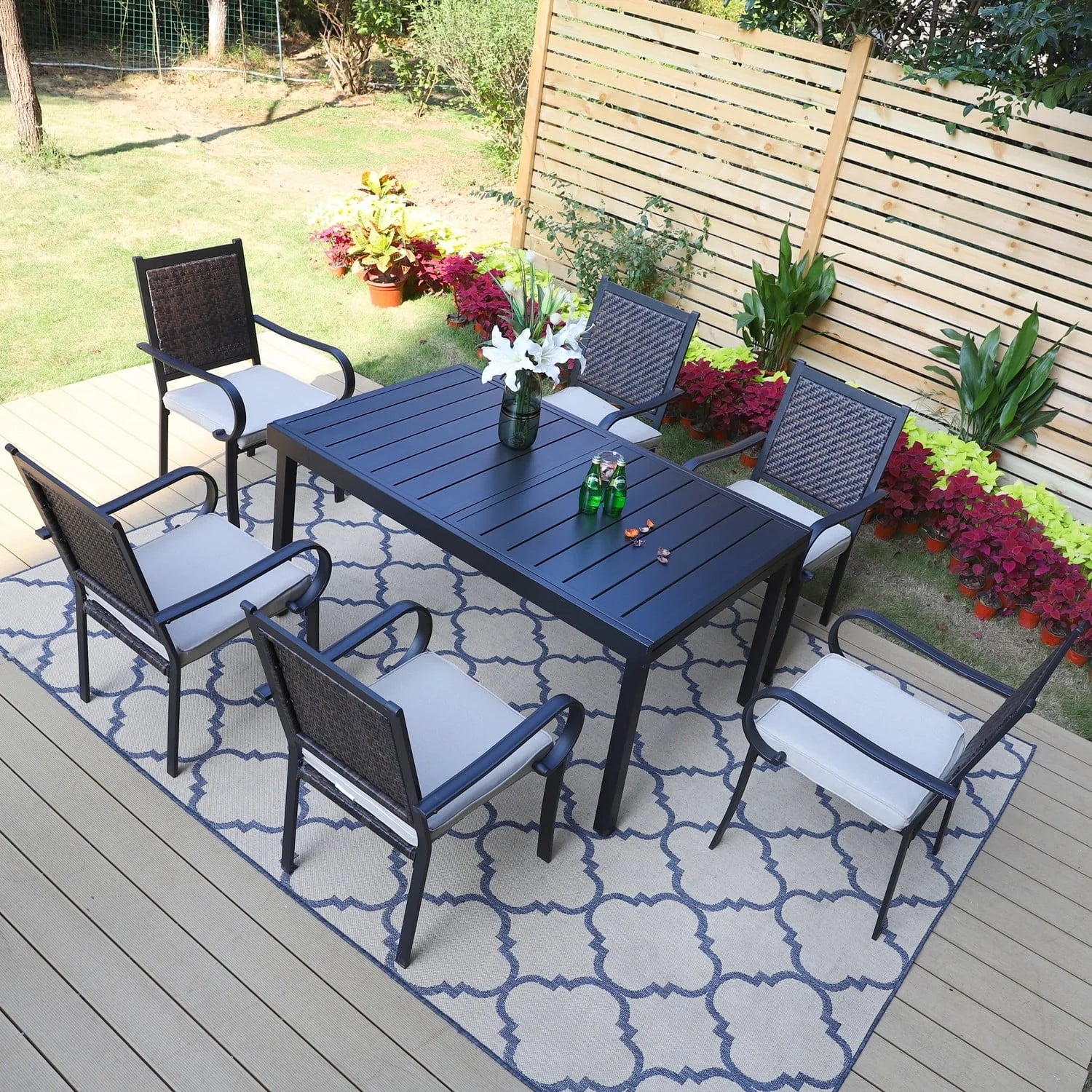 MF Studio 7 Pieces Outdoor Patio Dinning Set Cushioned Rattan Wicker Chairs with Extendable Table
