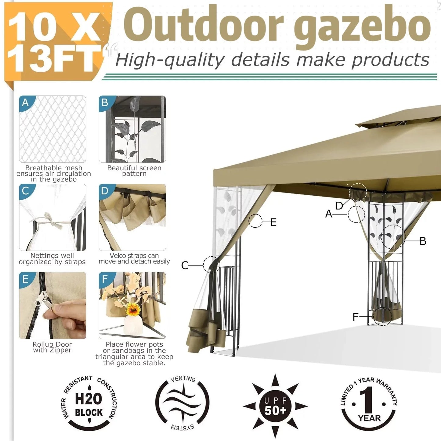 Hoteel 10'x 13' Metal Patio Gazebo, Outdoor Gazebo Canopy Tent for Backyard with Mosquito Netting, Gazebos Shelter with Steel Frame, Patio Covers for Shade and Rain, Khaki