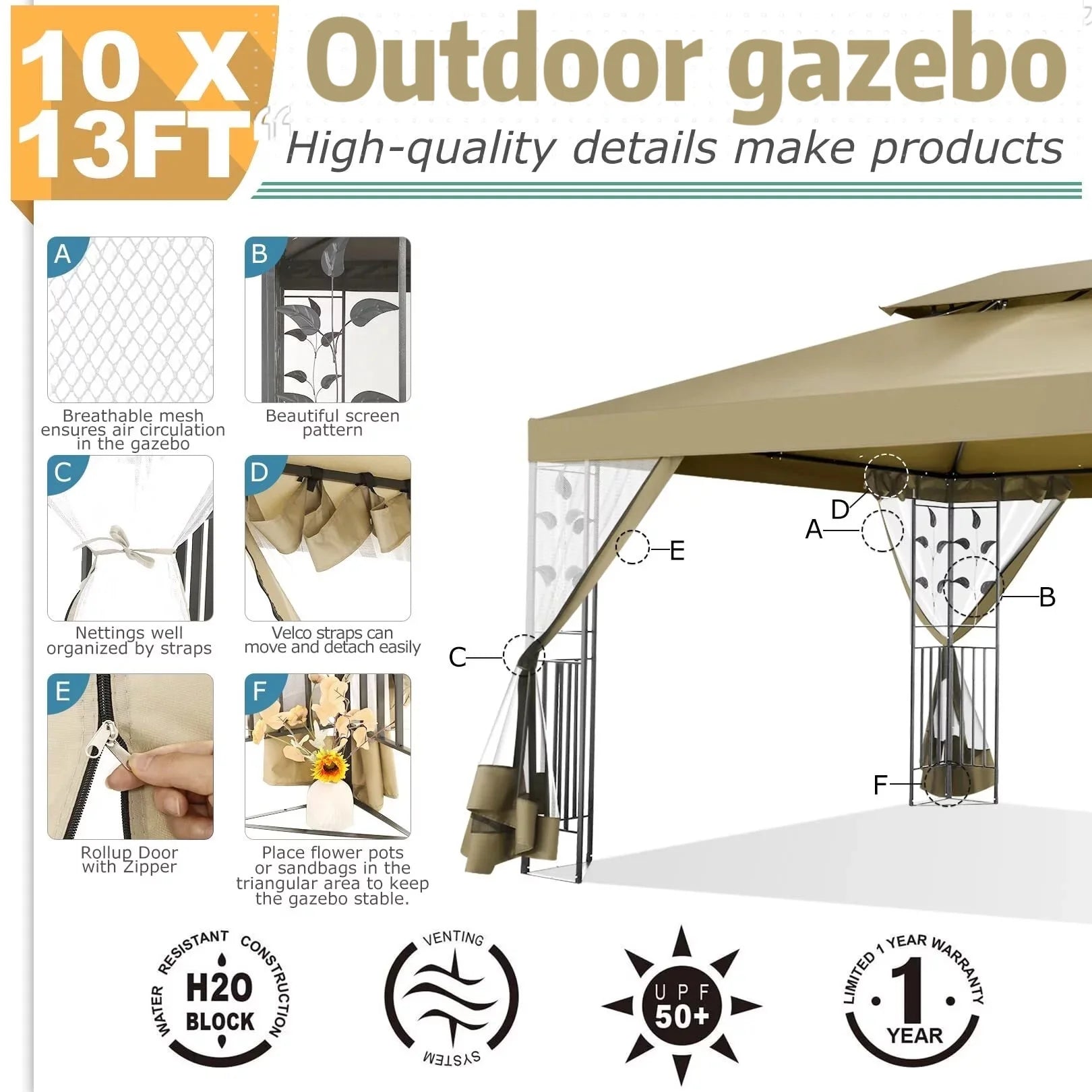Hoteel 10'x 13' Metal Patio Gazebo, Outdoor Gazebo Canopy Tent for Backyard with Mosquito Netting, Gazebos Shelter with Steel Frame, Patio Covers for Shade and Rain, Khaki