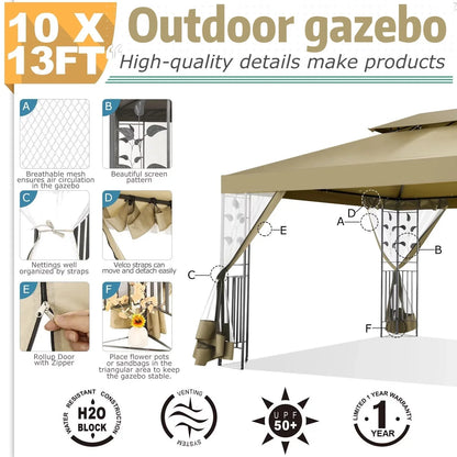 Hoteel 10'x 13' Metal Patio Gazebo, Outdoor Gazebo Canopy Tent for Backyard with Mosquito Netting, Gazebos Shelter with Steel Frame, Patio Covers for Shade and Rain, Khaki