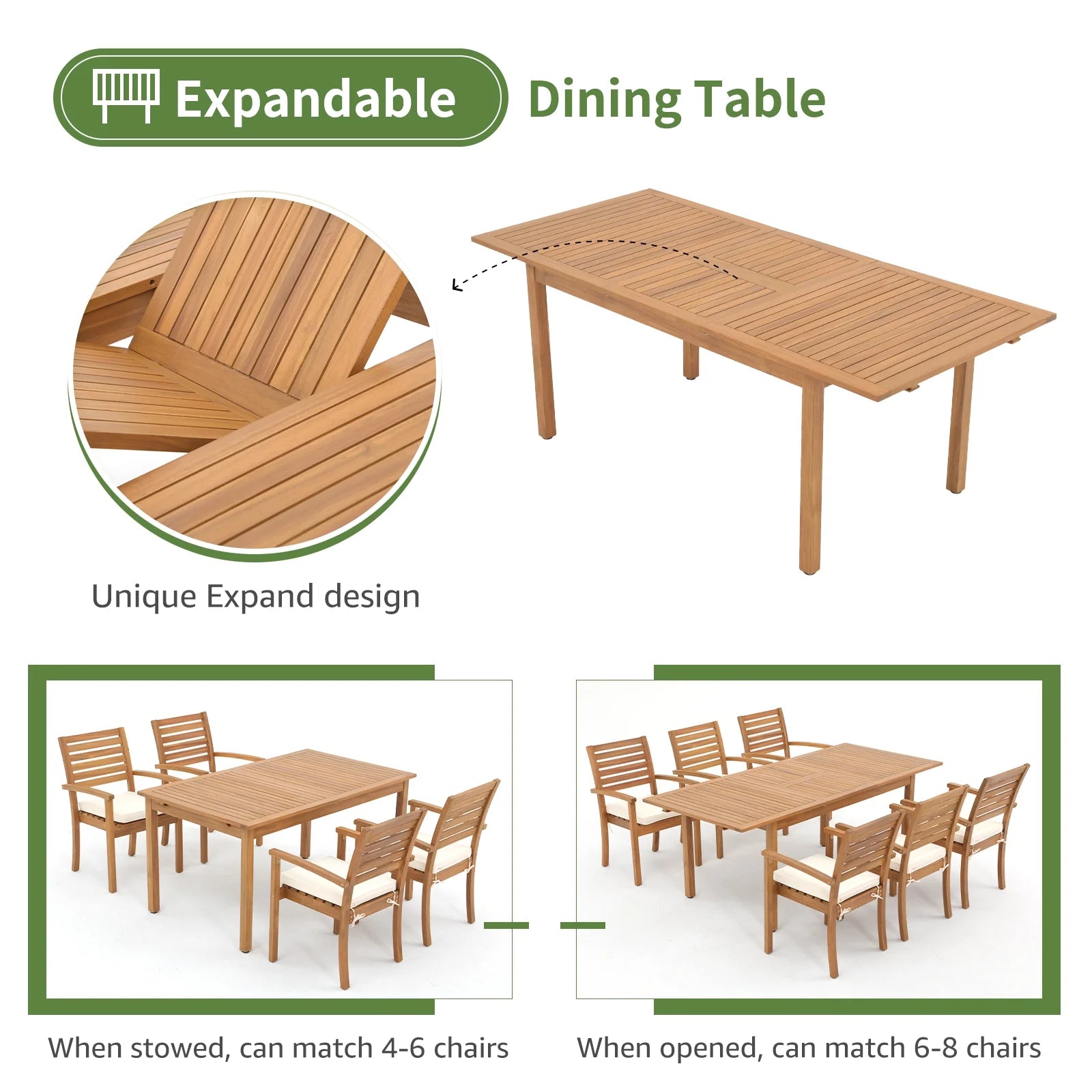 7 Piece Patio Dining Set, Outdoor Acacia Wood Furniture Set, Extendable Rectangular Table and 6 Stackable chairs w/Removeable Fabric Cushion, FSC Certified, for Deck Garden Backyard