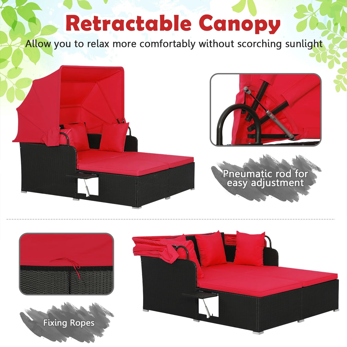Costway Patio Rattan Daybed Lounge Retractable Top Canopy Side Tables Cushions Red
