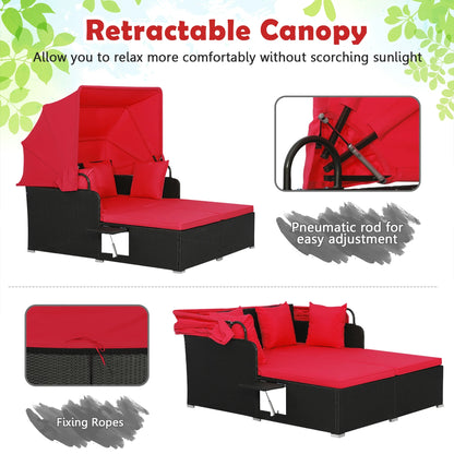 Costway Patio Rattan Daybed Lounge Retractable Top Canopy Side Tables Cushions Red