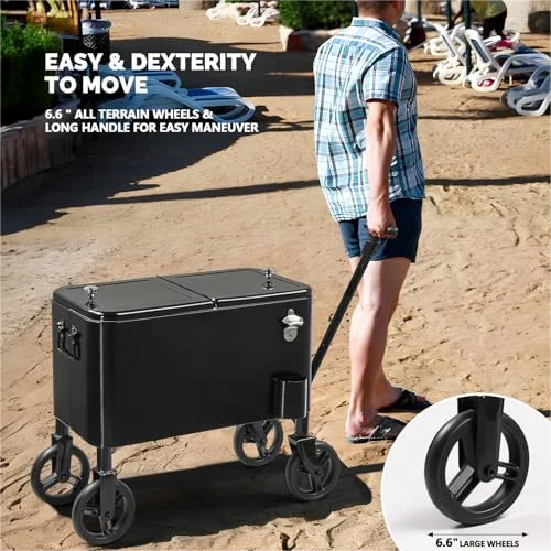 80 Quart Wagon Rolling Cooler Ice Chest,/Long Handle and 10" Wheels, Portable Beach Patio Party Bar Cold Drink Beverage, Outdoor Park Cart on Wheels
