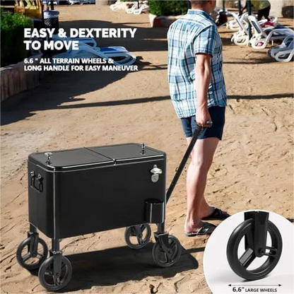 80 Quart Wagon Rolling Cooler Ice Chest,/Long Handle and 10" Wheels, Portable Beach Patio Party Bar Cold Drink Beverage, Outdoor Park Cart on Wheels