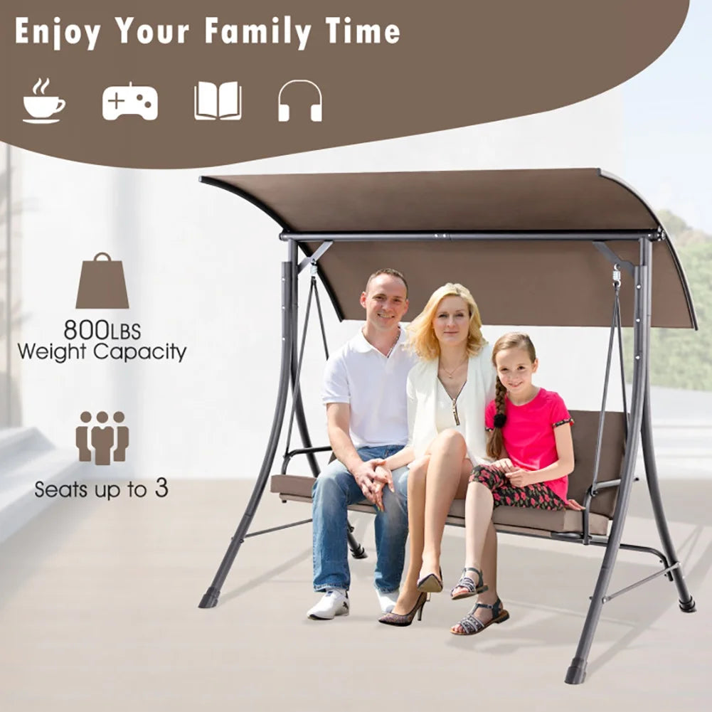 Yardi Yard 3-Seat Outdoor Porch Swing with Adjustable Canopy and Padded Cushions-Brown for Front Porch, Poolside, Patio, Backyard