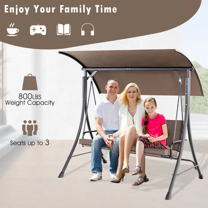 Yardi Yard 3-Seat Outdoor Porch Swing with Adjustable Canopy and Padded Cushions-Brown for Front Porch, Poolside, Patio, Backyard