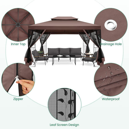 COBIZI Pop-up Gazebo, 10' x 13' Outdoor Steel Double Roof Canopy, Metal Frame Pavilion with Mosquito Netting, Sunshade for Garden, Patio, Lawns, Brown