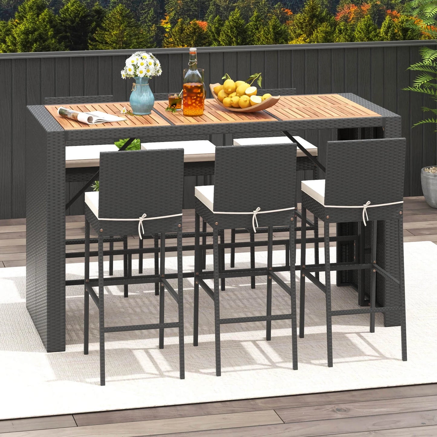 Costway 7 Pieces Patio Bar Set with Acacia Wood Tabletop & Removable Cushions Outdoor