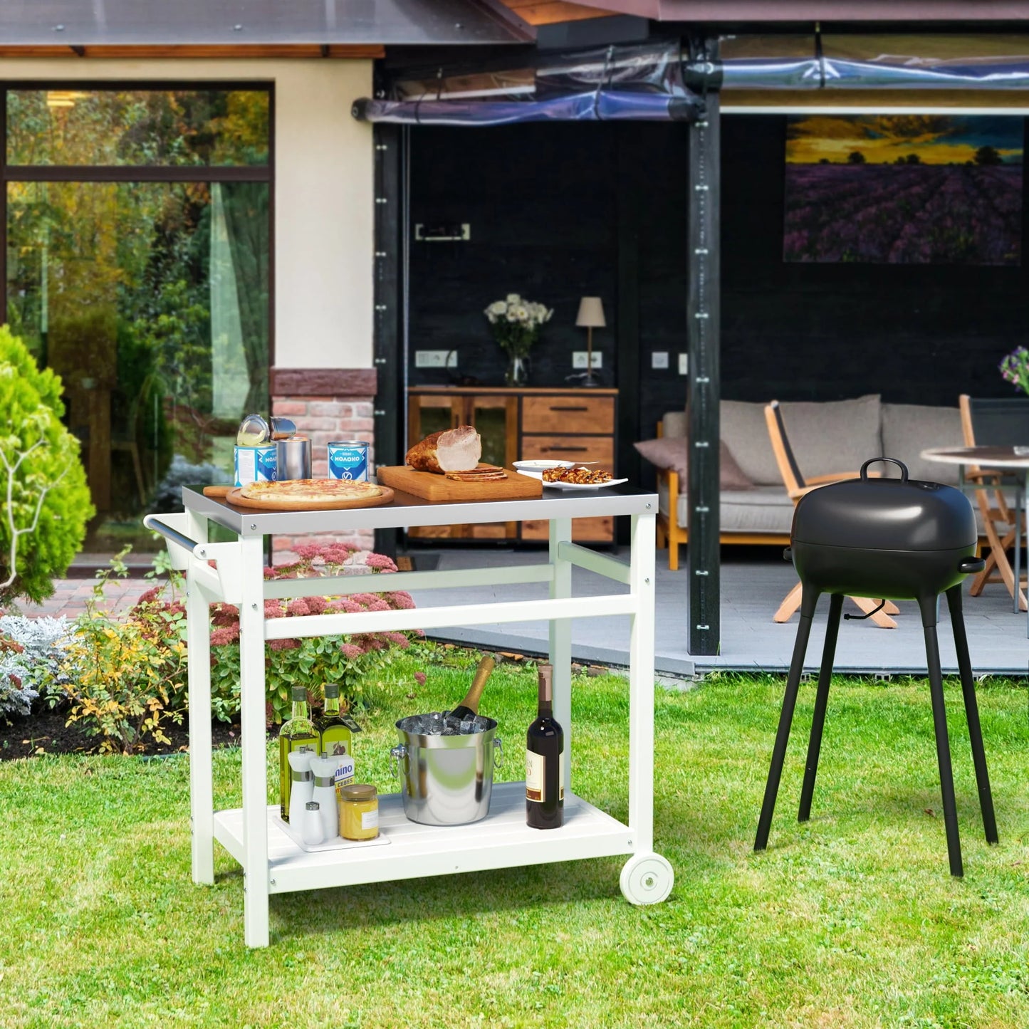 TORVA Outdoor Prep Cart Dining Table for Pizza Oven, Patio Grilling Backyard BBQ Grill Cart, White