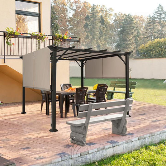 EAGLE PEAK 10x10 Outdoor Gazebo with Retractable Sun Shade Top for Patio, Garden, Backyard, Steel Frame, Beige