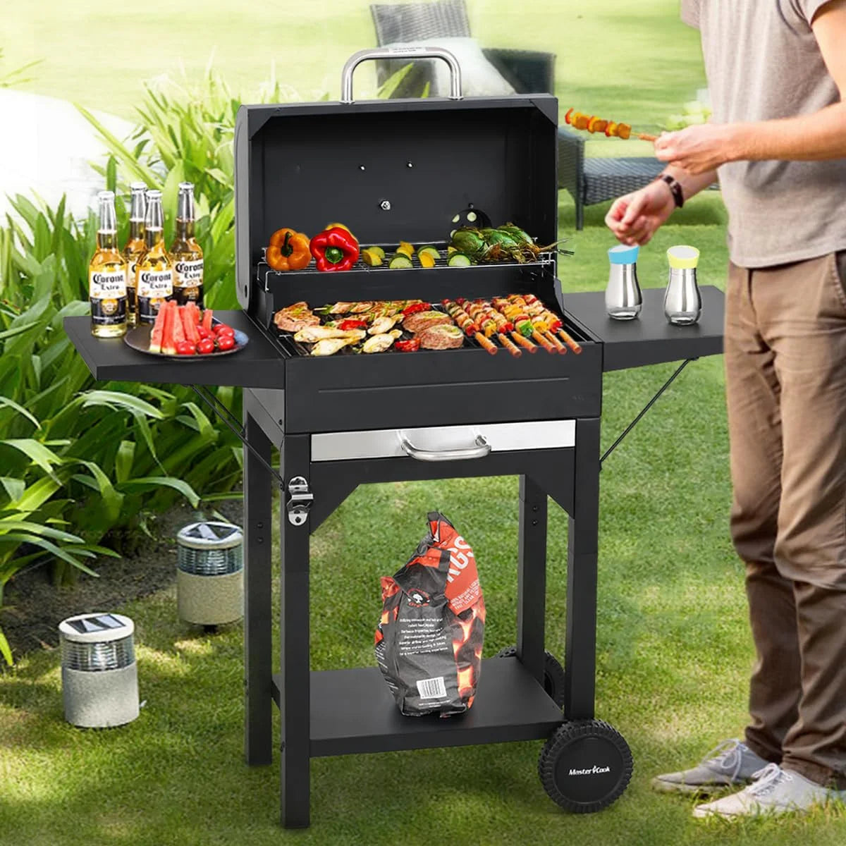 MASTER COOK Charcoal Grill with Two Side Tables, BBQ Grill for Outdoor Picnic Backyard Patio and Parties, Black