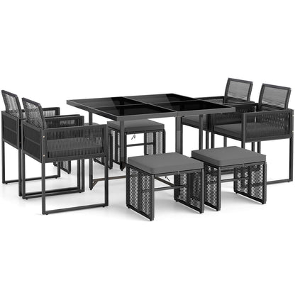 Costway 9 PCS Patio Dining Set with PE Rattan Chairs Tempered Glass Table and Ottomans
