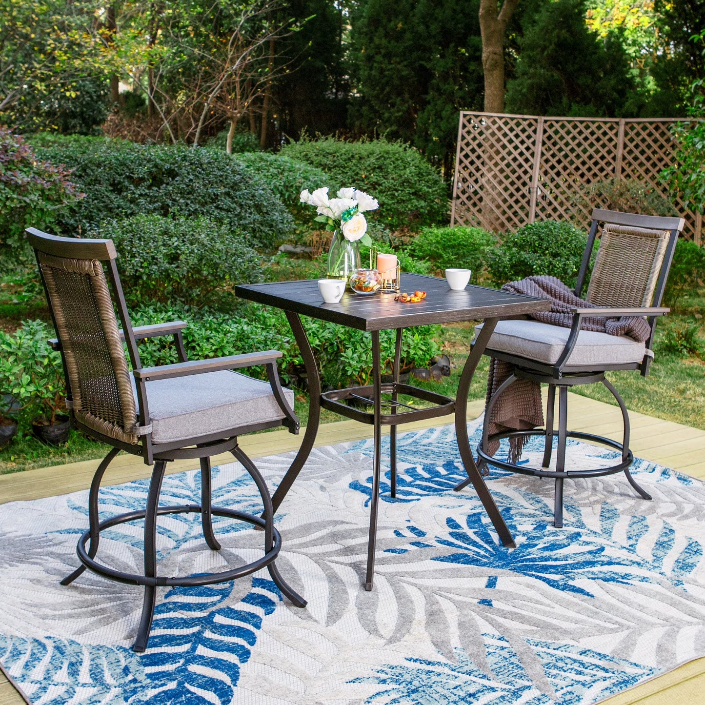 Sophia & William 3 Pieces Patio Outdoor Bar Stools Bistro Set Rattan Wicker Chairs & Square Metal Table Furniture Set
