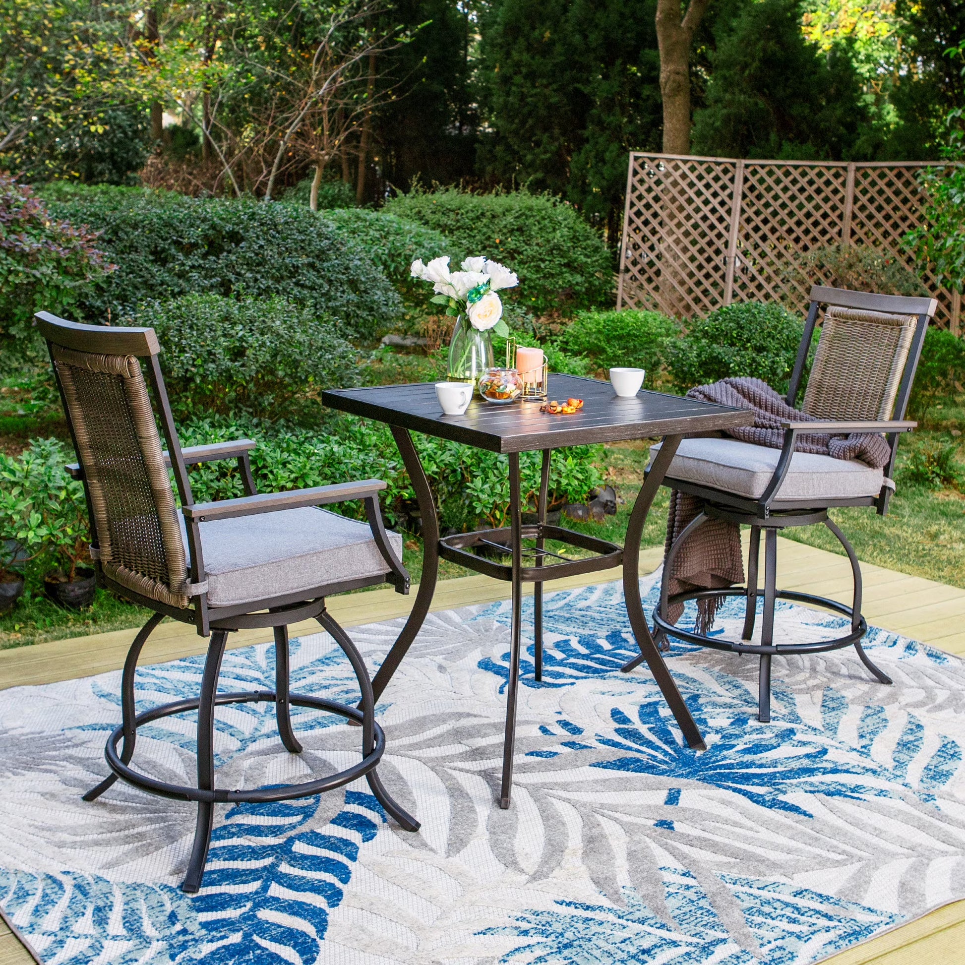 Sophia & William 3 Pieces Patio Outdoor Bar Stools Bistro Set Rattan Wicker Chairs & Square Metal Table Furniture Set