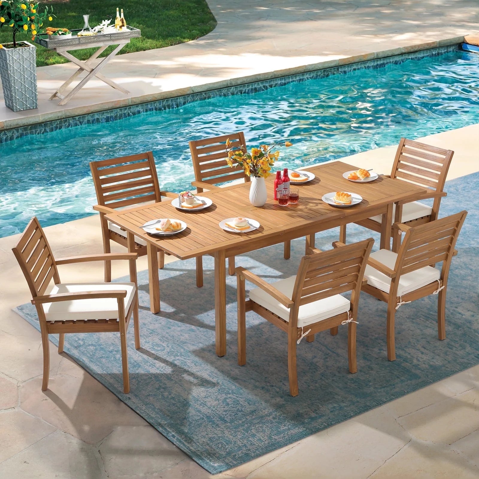 7 Piece Patio Dining Set, Outdoor Acacia Wood Furniture Set, Extendable Rectangular Table and 6 Stackable chairs w/Removeable Fabric Cushion, FSC Certified, for Deck Garden Backyard