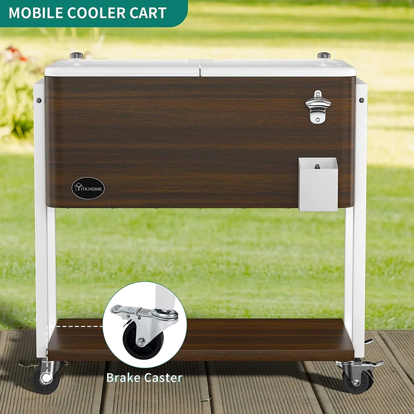 Dextrus 80 Quart Rolling Cooler Cart with Bottle Opener Drainage, Portable Patio Cooler Rolling on Wheels, Outdoor Rolling Beverage Cart Drink Cooler for Patio Pool Deck Party BBQ Cookouts