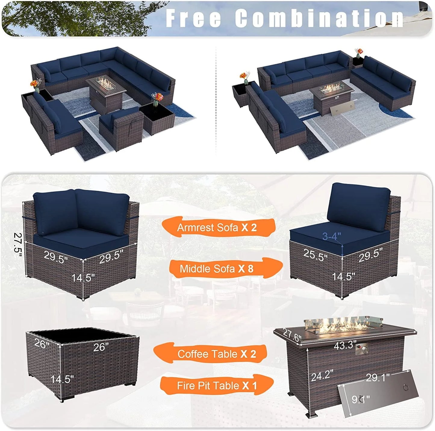 Kullavik 13 Pieces Outdoor Patio Furniture Set with Fire Pit Table Outdoor PE Rattan Wicker sectional Sofa Set,Patio Conversation Set with Coffee Table,Navy Blue