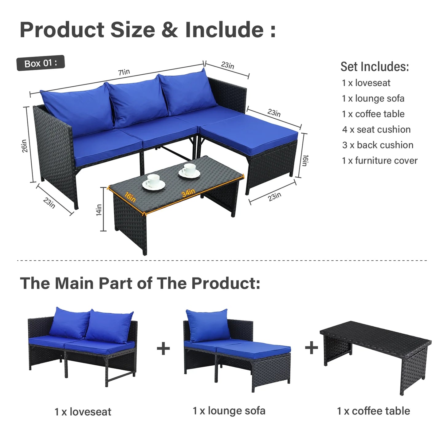 Waroom Outdoor Furniture Set 3 Pieces Patio Wicker Conversation Chairs and Coffee Table, Royal Blue