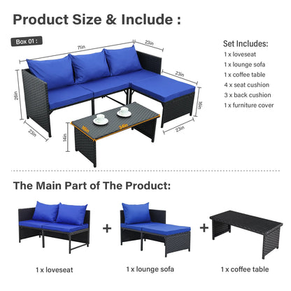 Waroom Outdoor Furniture Set 3 Pieces Patio Wicker Conversation Chairs and Coffee Table, Royal Blue