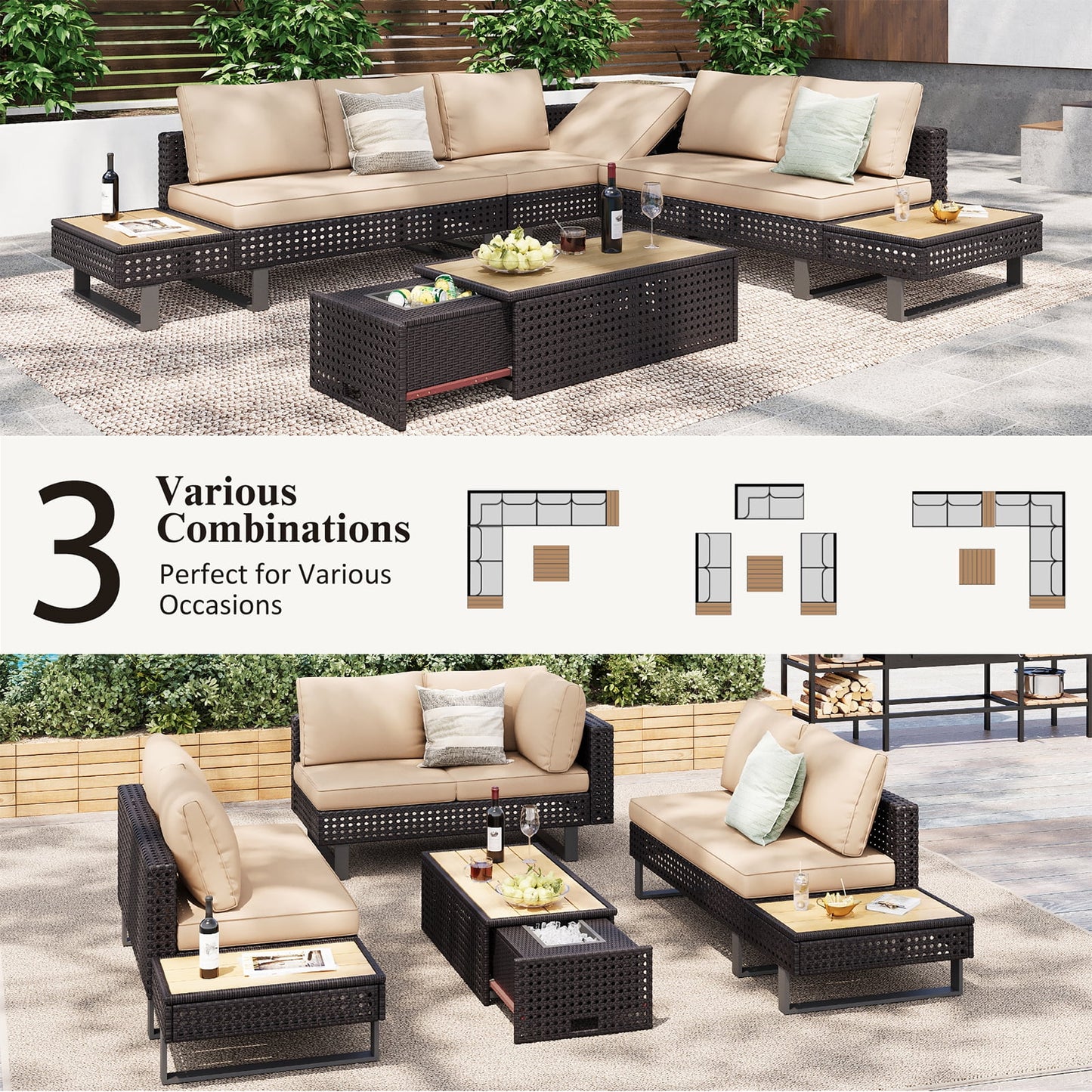 6-Piece Outdoor Sectional Furniture Set for Patio, Expandable Coffee Table w/Ice Bucket & Collapsible Seat, Deep Cushions - Khaki