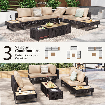 6-Piece Outdoor Sectional Furniture Set for Patio, Expandable Coffee Table w/Ice Bucket & Collapsible Seat, Deep Cushions - Khaki