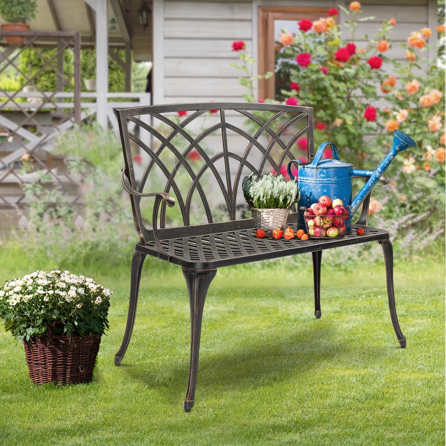Zimtown Garden Patio Bench with Orchid Back , Aluminum Bench Chair For Backyard & Porch & Path, 38'' Bronze