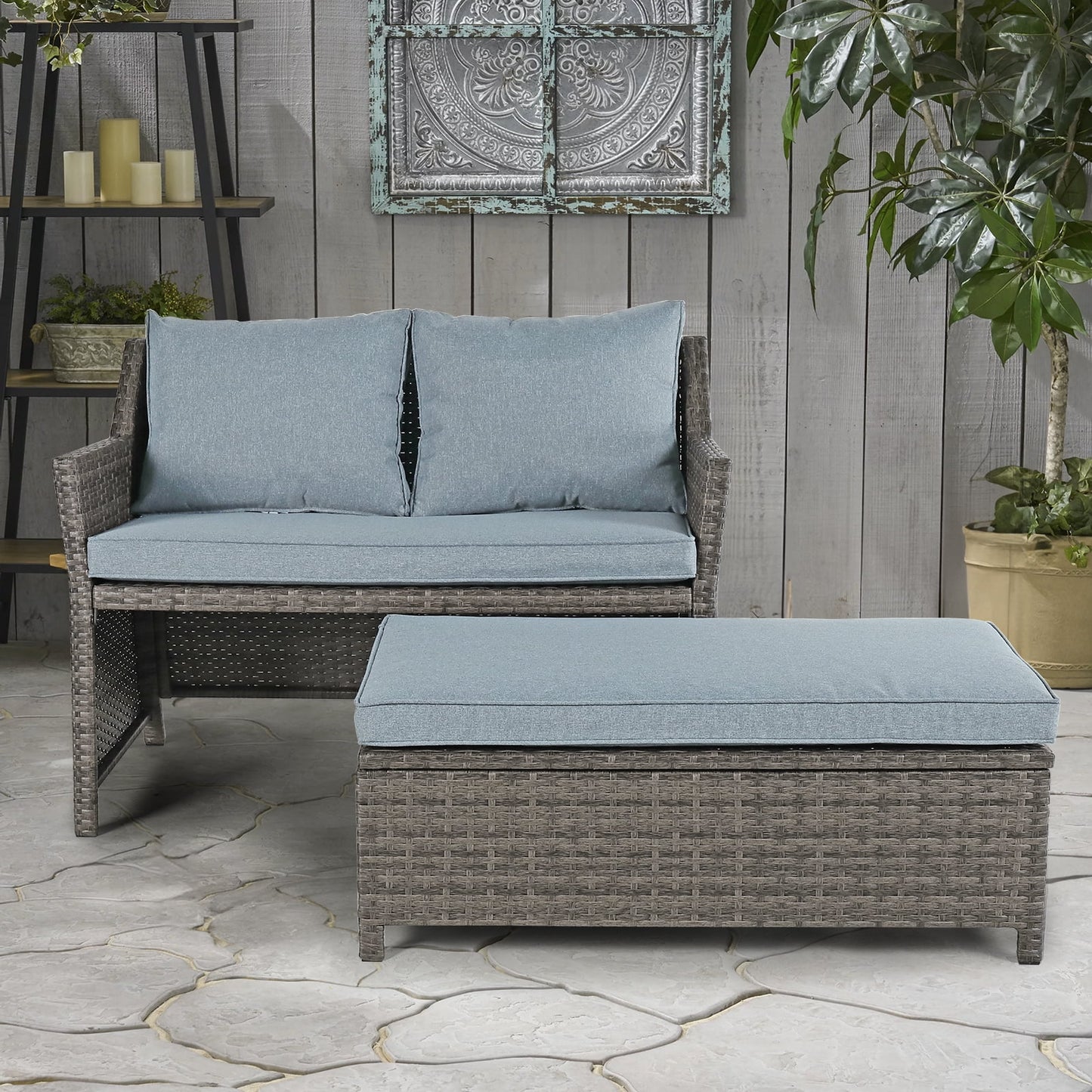 Outdoor Wicker Love Seat and Coffee Table Set, Weather Resistant Grey Rattan, Patio Furniture with Gray Cushions & Storage Bin