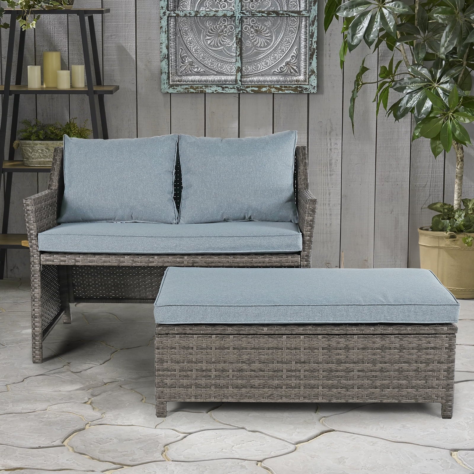 Outdoor Wicker Love Seat and Coffee Table Set, Weather Resistant Grey Rattan, Patio Furniture with Gray Cushions & Storage Bin