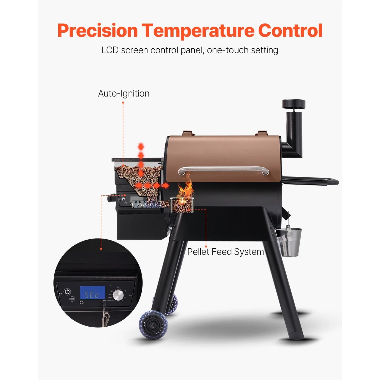 KFFKFF 575 sq in Wood Fired Pellet Grill and Smoker, BBQ Grills LCD Screen Controller for Outdoor Cooking, Patio and Backyard, Bronze Black