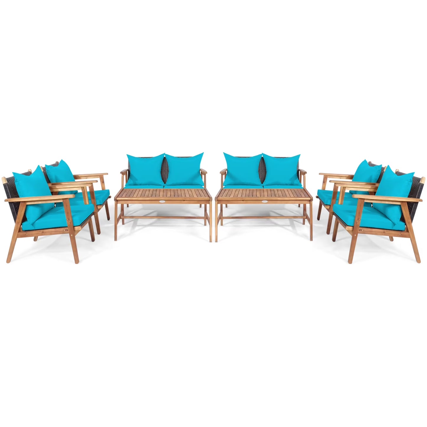 Patiojoy 8PCS Patio Rattan Furniture Set Wood Frame Cushioned Sofa with Coffee Table Sectional Conversation Sofa Set for Garden Brown